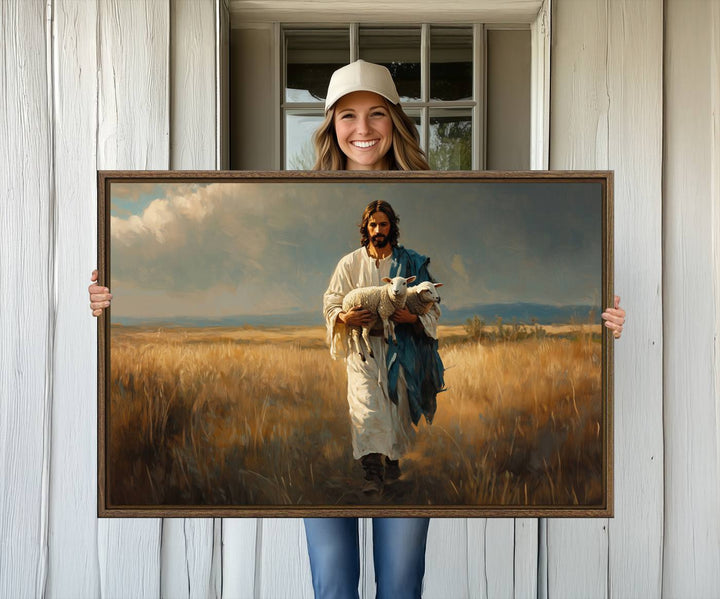 This Jesus Shepherd Wall Art depicts a figure in a white robe carrying a lamb, making it an ideal piece of Christian decor for your home.