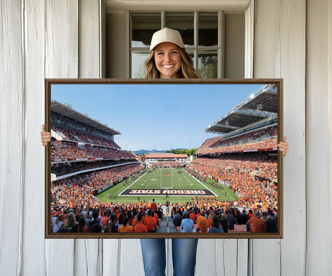 Wide-angle view of Corvallis Reser Stadium with Oregon State field, depicted in Beavers team print canvas art.