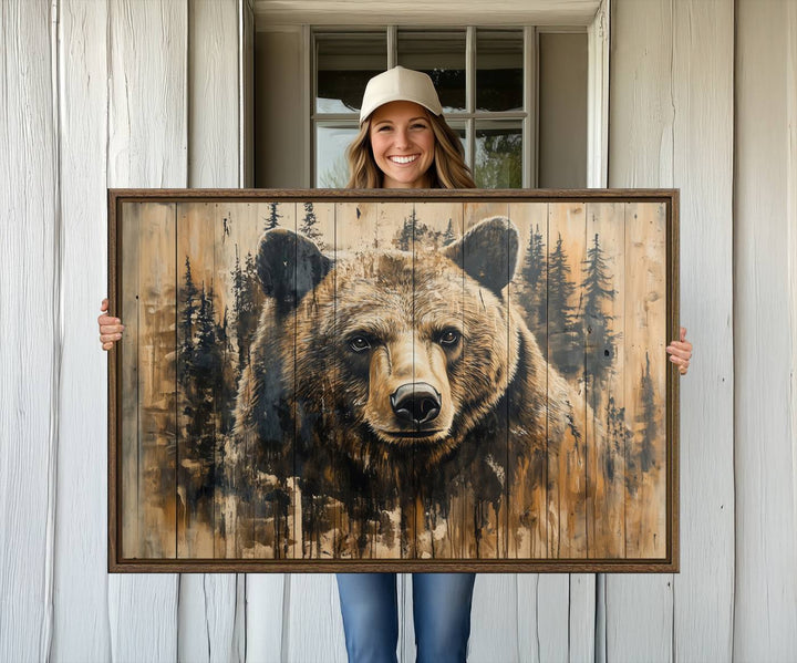 Majestic Grizzly 399 Bear 3-panel rustic canvas print with woodland theme.