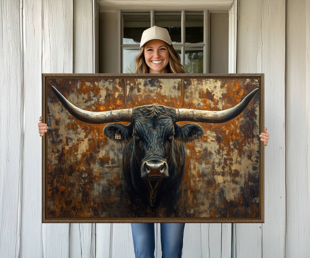 The Longhorn Texas Cow Bull Wall Art canvas print showcases rustic farmhouse decor.