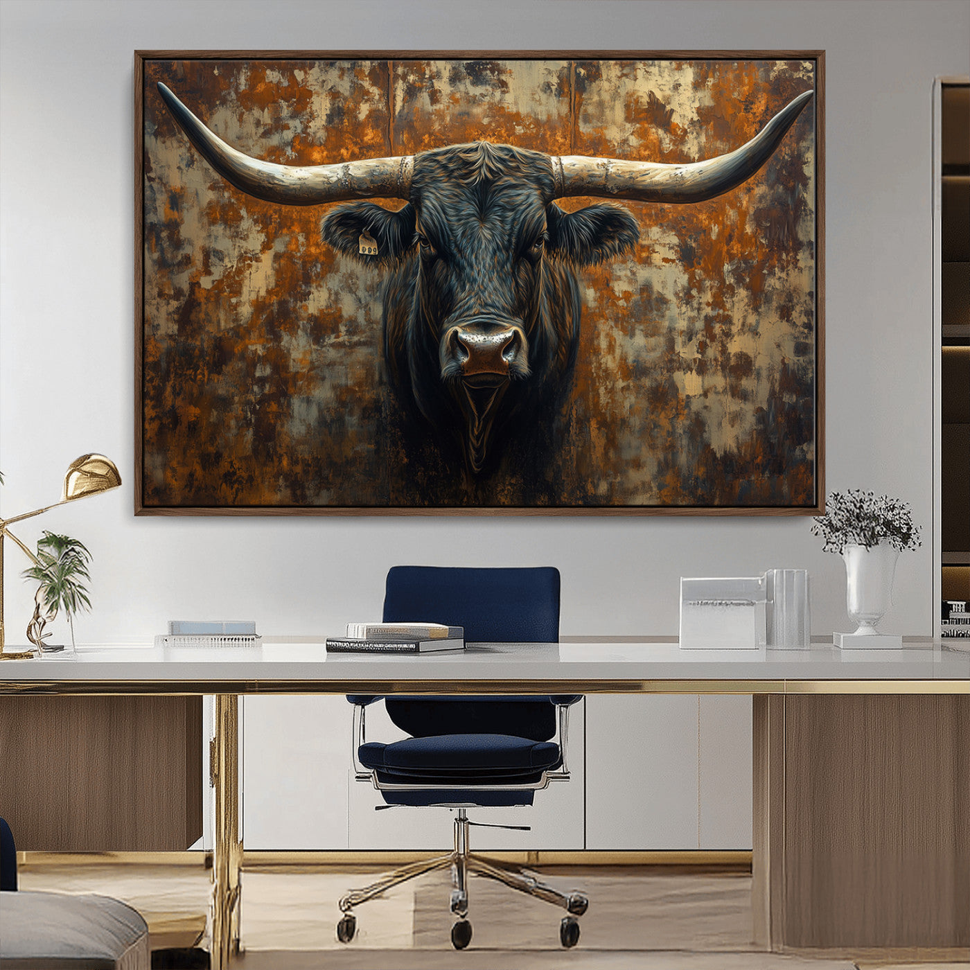 MGV-FC-36X24 - Longhorn Texas Cow Bull Wall Art | Rustic Farmhouse Canvas Print | Ready to Hang Barn Decor for