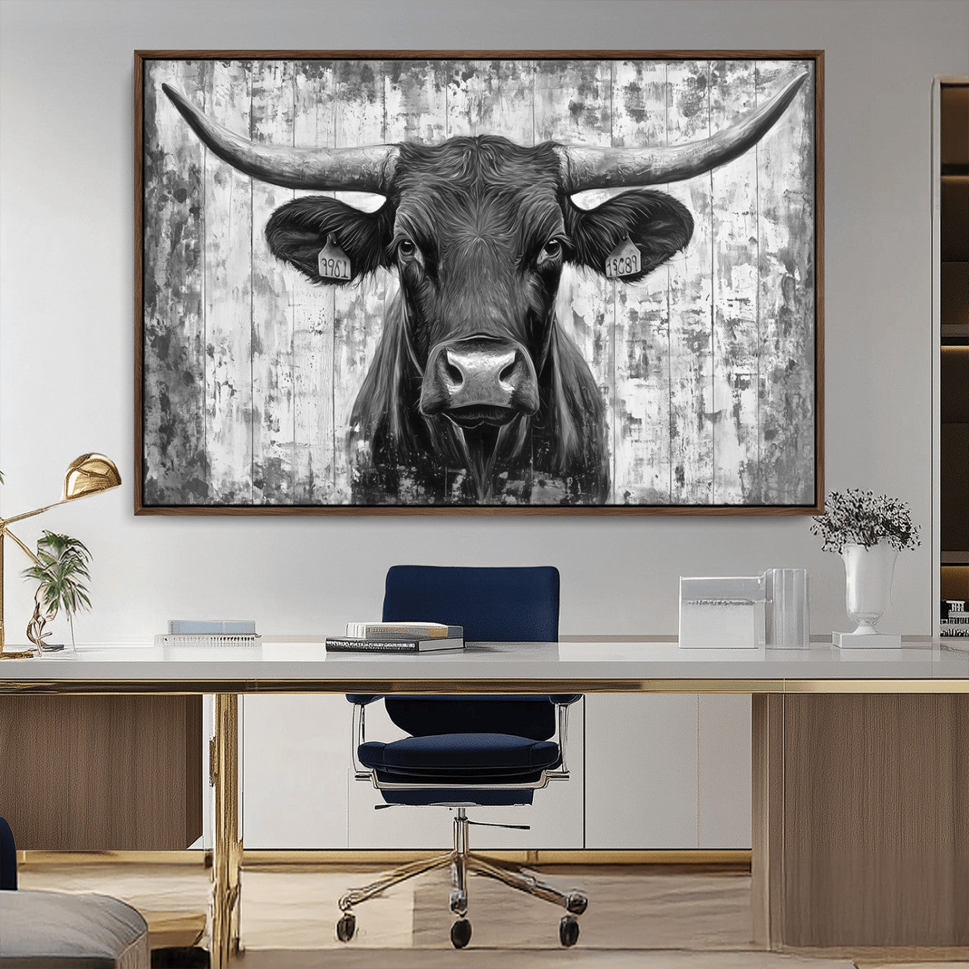MGV-FC-36X24 - Abstract Longhorn Bull Wall Art Canvas Print - Rustic Texas Western Cow Artwork