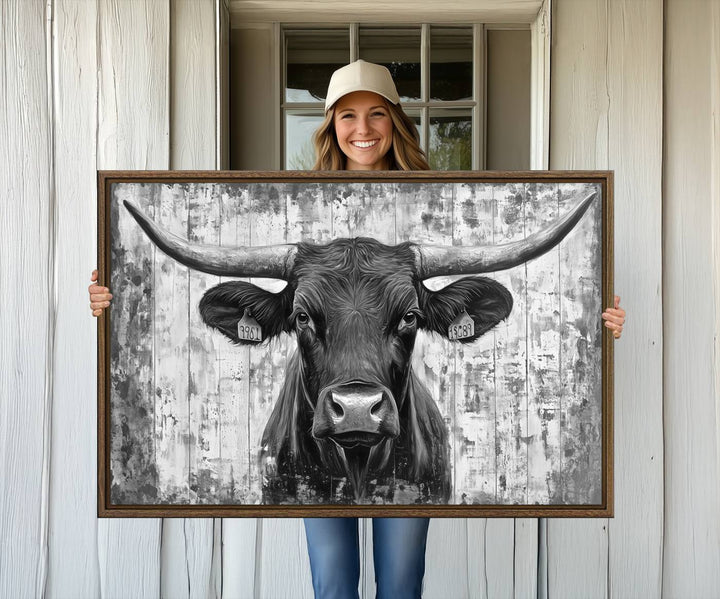 Abstract Longhorn Bull canvas print, featuring rustic Texas-themed wall art on a wooden background, ideal for Western decor.