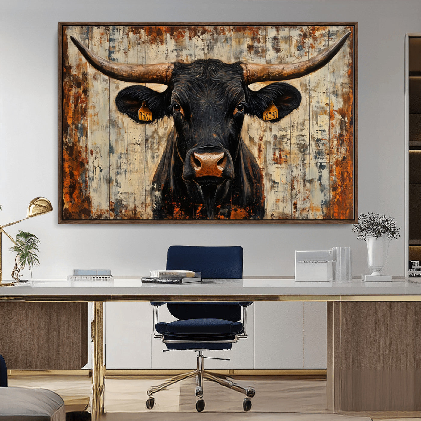 MGV-FC-36X24 - Rustic Texas Artwork Wall Art Canvas Print - Abstract Cow Longhorn Bull Wall Art Canvas Print