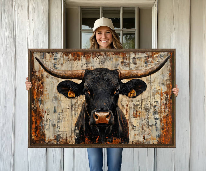 Black bull painting with horns and ear tags, ideal for rustic Texas decor - Abstract Cow Longhorn Bull Canvas Print.