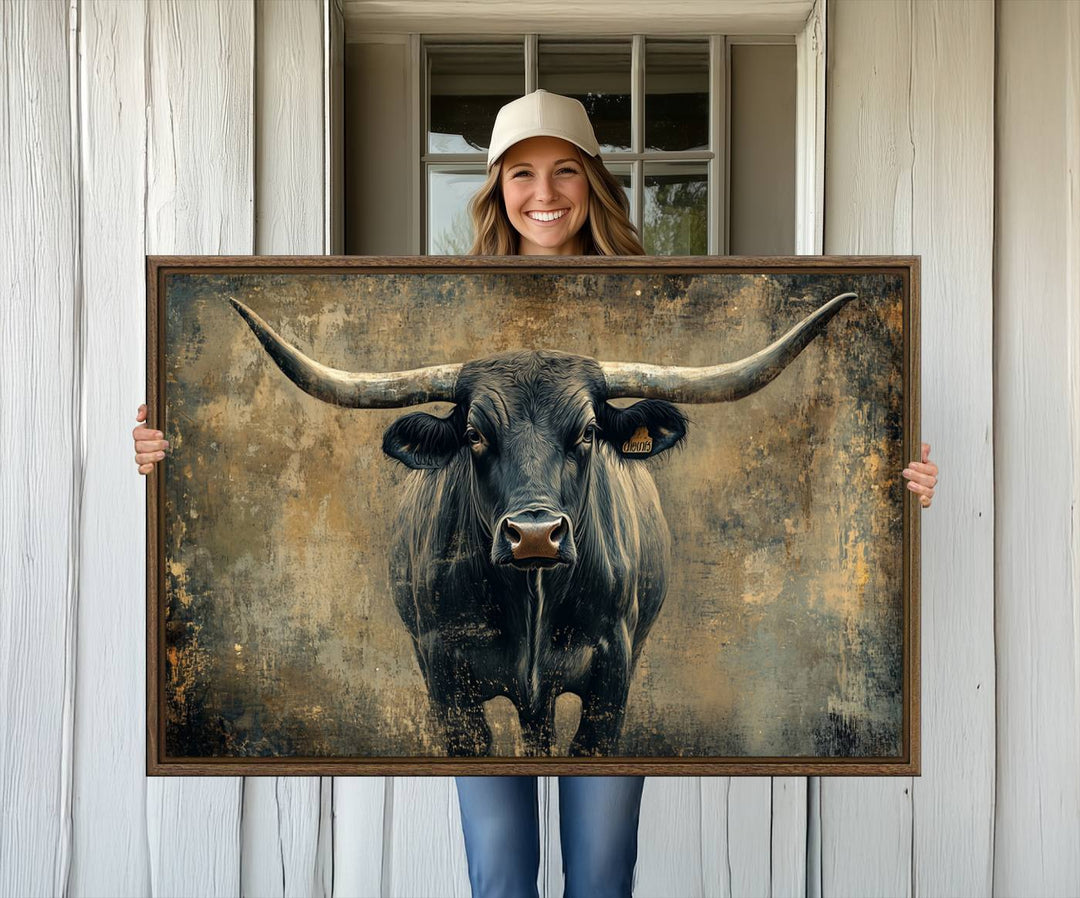 The Longhorn Bull Canvas Print features a bull with prominent horns facing forward, depicted in abstract Texas Western art style.