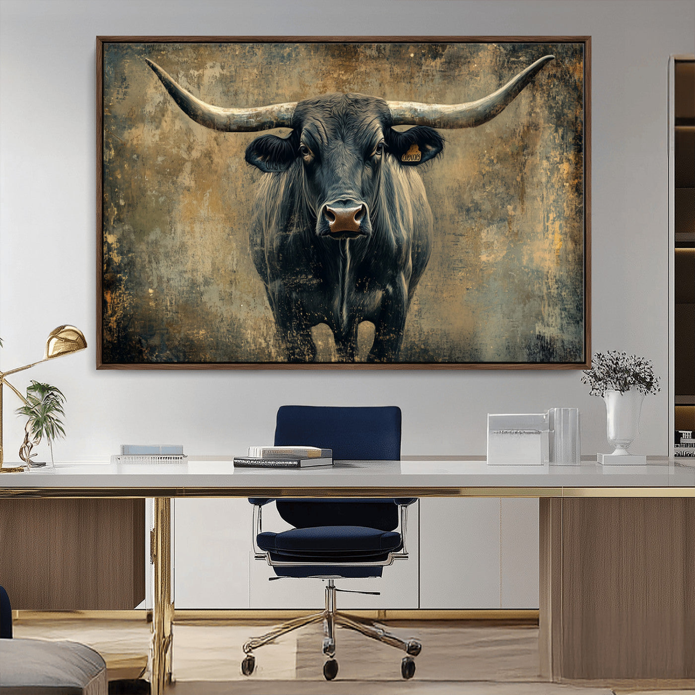 MGV-FC-36X24 - Longhorn Bull Wall Art Canvas Print, Framed Rustic Cow Art Picture Print, Texas Longhorn Perfect Western Decor Artwork