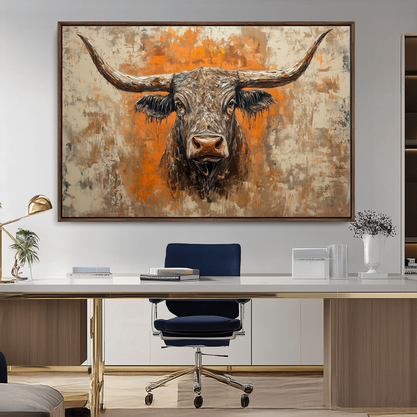 MGV-FC-36X24 - Abstract Cow Longhorn Bull Wall Art Canvas Print - Rustic Texas Western Cattle Artwork