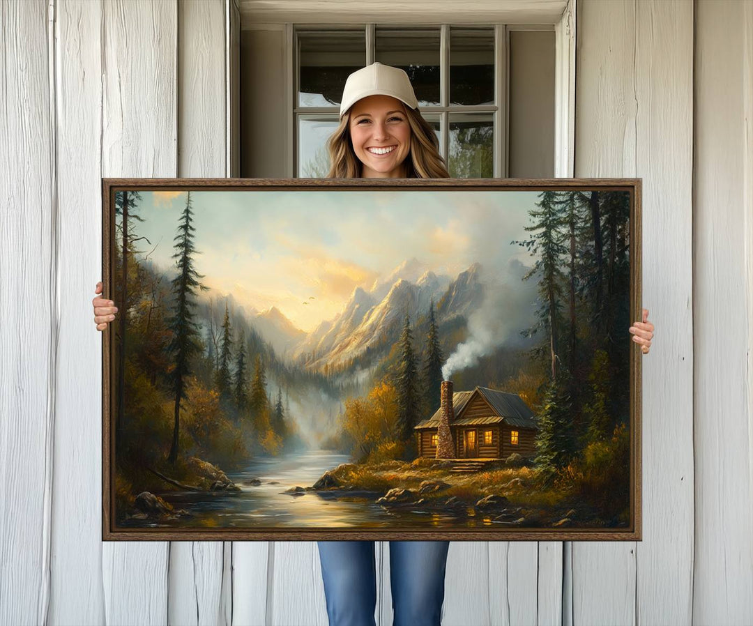 A cozy Wood Cabin Retreat Mountain at Sunset Wall Art features a serene forest and river landscape with smoke rising on a canvas print.