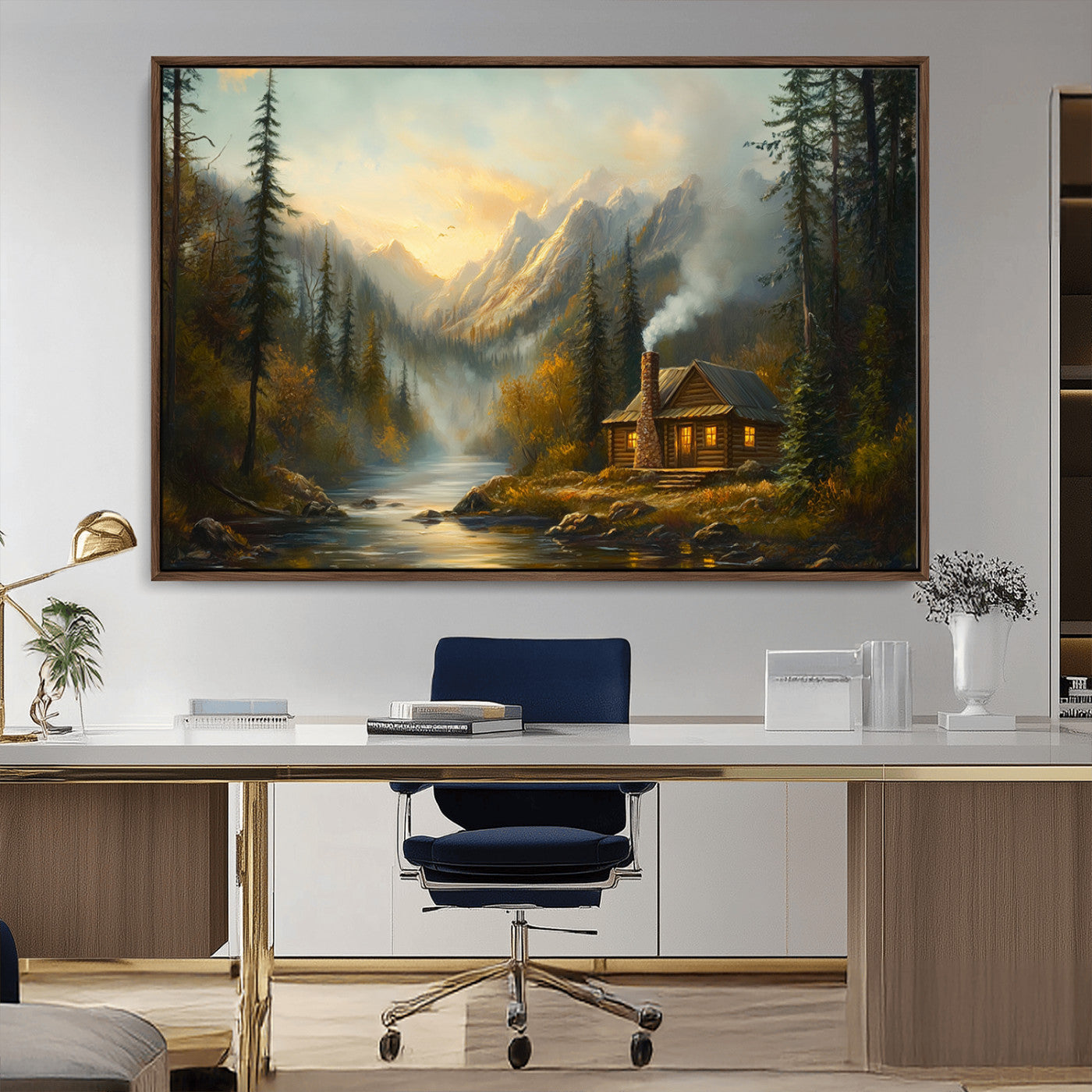 MGV-FC-36X24 - Wood Cabin Retreat Mountain at Sunset Wall Art Print - Serene Forest and River Landscape Wall Art