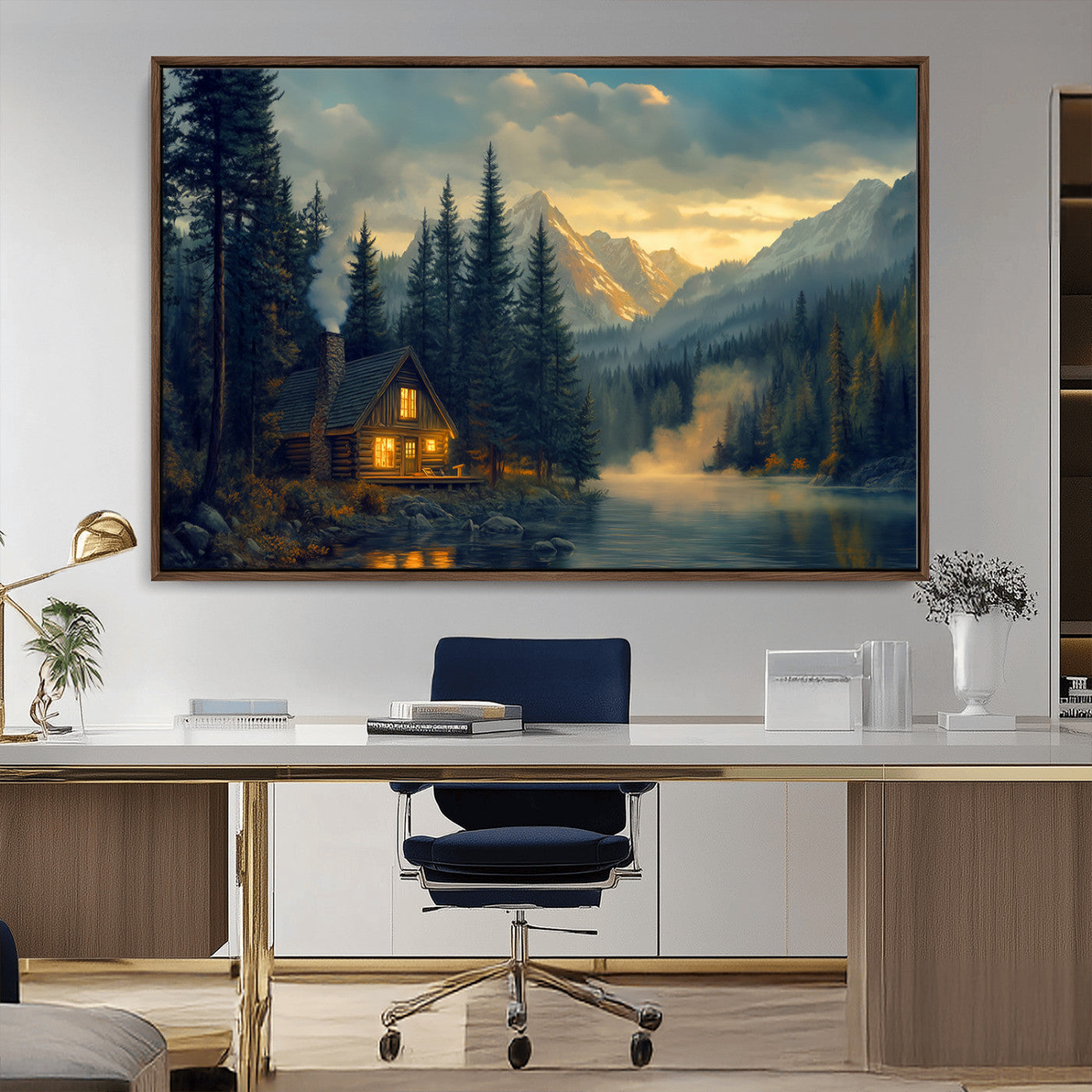MGV-FC-36X24 - Mountain Cabin by the Lake at Sunset Wall Art - Serene Nature Canvas Print for Living Room Decor,