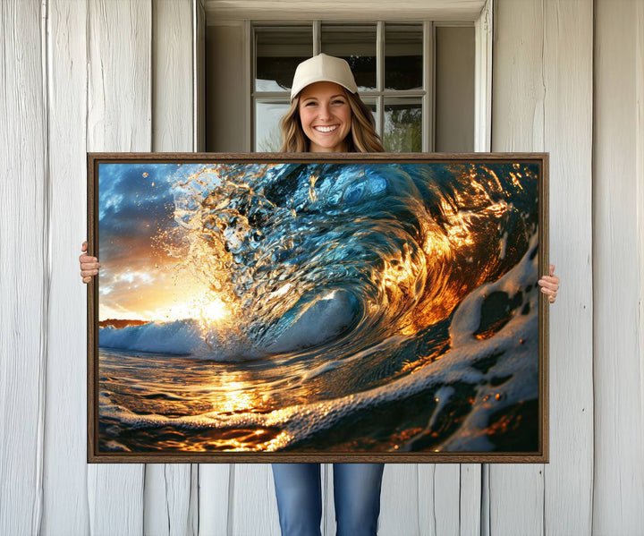 The Ocean Wave at Sunset canvas captures fiery waves with golden and blue hues, making it a perfect addition to nautical-themed decor.