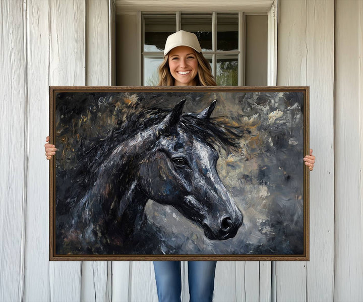 Abstract Horse Wall Art Canvas: A dark horses head and flowing mane set against a textured, muted background.