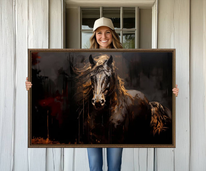 Abstract Black Horse Canvas Print – Featuring an equine spirit with a flowing mane on a dark background, perfect as farmhouse wall art.