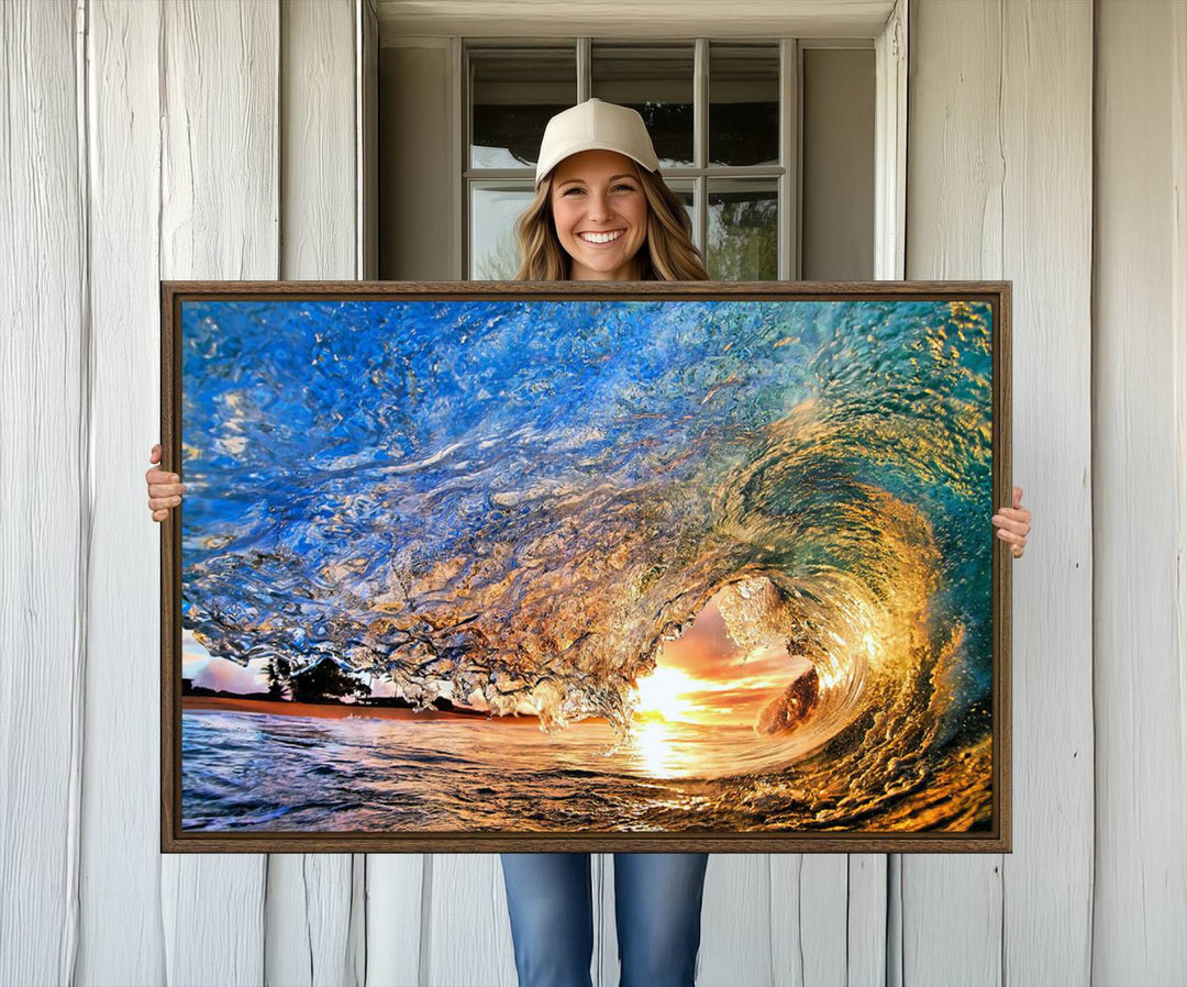 The Ocean Wave at Sunset Canvas Art captures vibrant coastal colors, perfect for nautical decor.