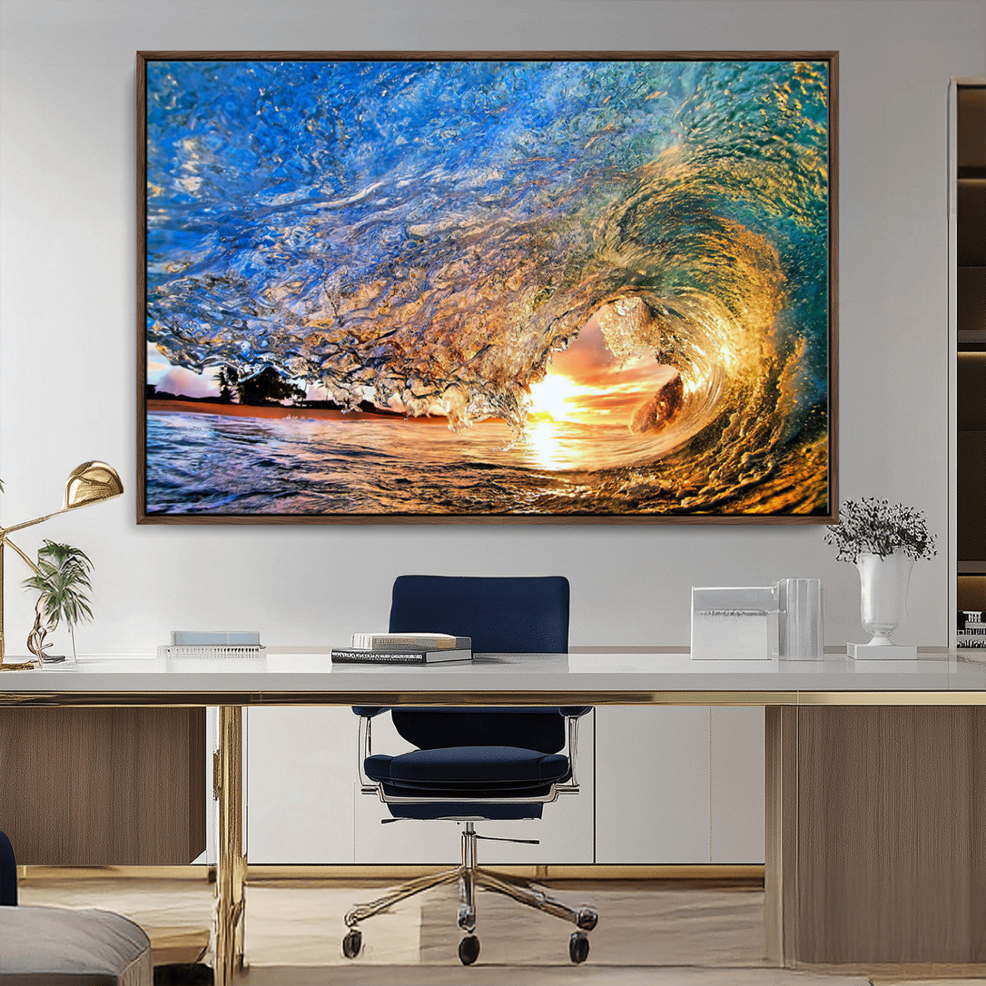 MGV-FC-36X24 - Ocean Wave at Sunset Canvas Wall Art – Vibrant Coastal Beach Waves Print, Large Nautical Decor,
