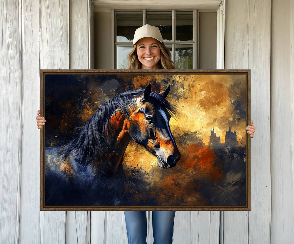 Abstract Horse Art Print on canvas, featuring a colorful background, perfect for rustic farmhouse or equestrian decor.