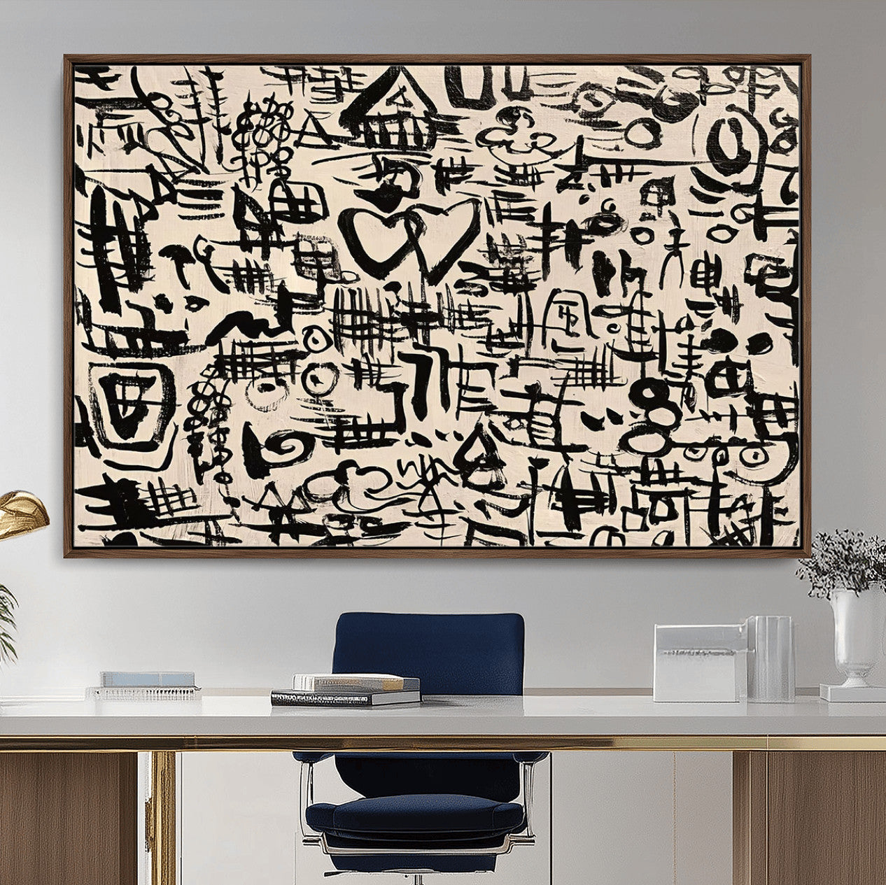 68273-MGV-FC-36X24 - Abstract Love and Chaos Canvas Print, Black Symbols on Beige