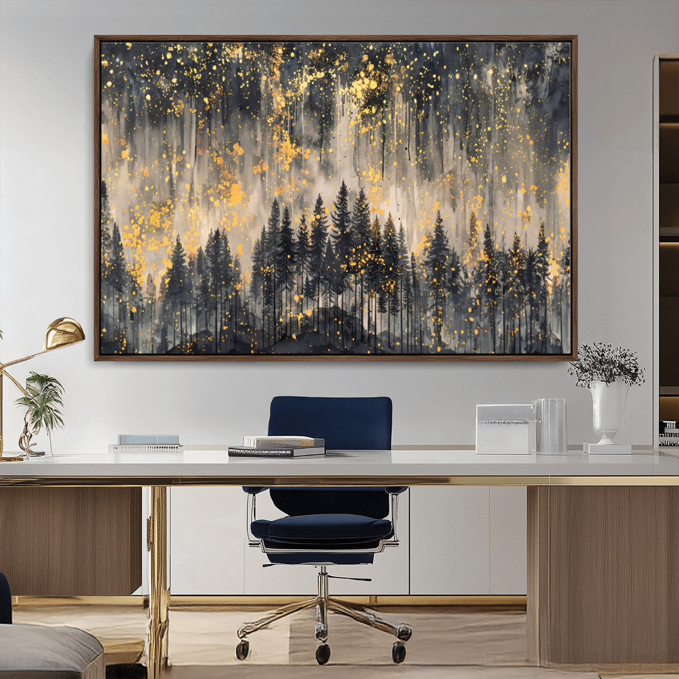 MGV-FC-36X24 - Golden Forest Abstract Wall Art | Dark Forest with Gold Splatter Accents | Triptych Ready to Hang