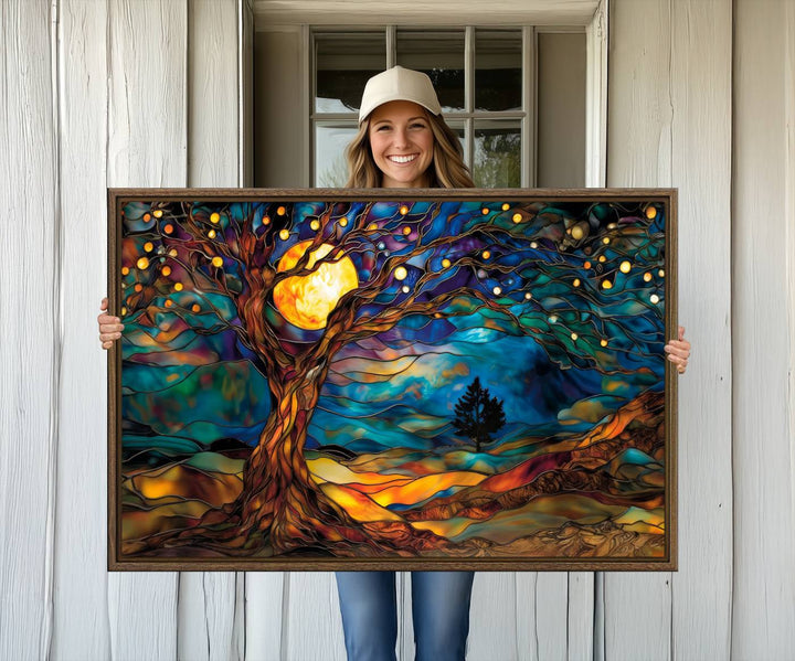 The vibrant Yggdrasil Tree of Life Wall Art depicts a moonlit tree.