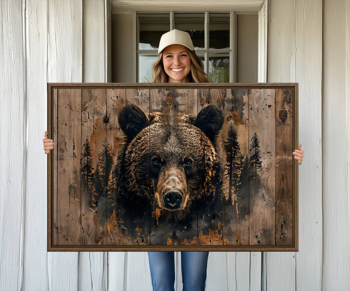 The bedroom showcases the Rustic Grizzly 399 Wall Art, a triptych canvas print that brings woodland charm to the space with its striking depiction of a bear. Elegantly displayed on a wooden wall, it enhances the rustic cabin feel.