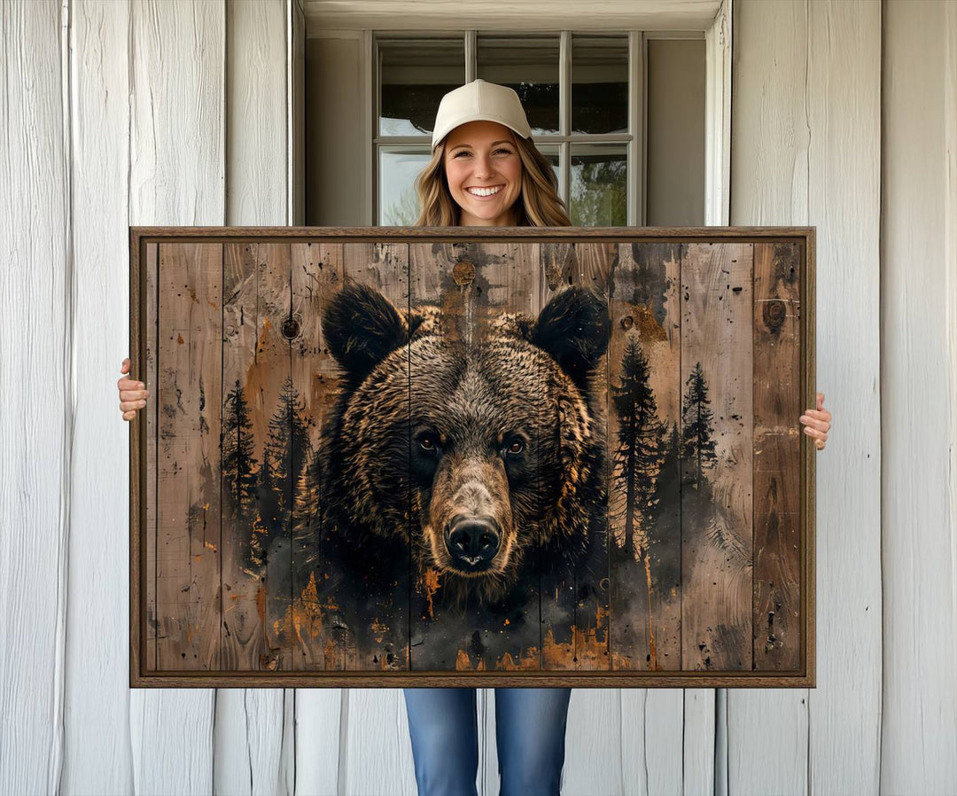 Rustic Grizzly 399 Wall Art is showcased against wood panels with forest silhouettes.