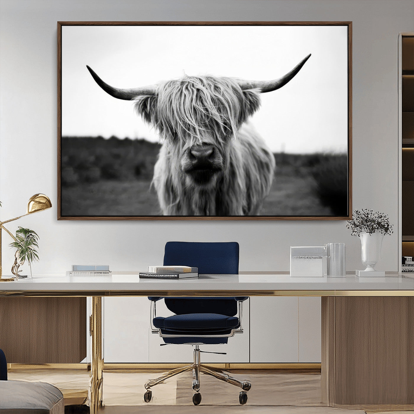 MGV-FC-36X24 - Highland Cow Wall Art | Black and White Farmhouse Decor | Triptych Canvas Print | Rustic Barn Decor