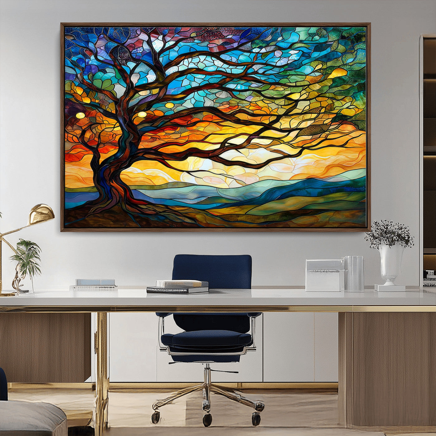 MGV-FC-36X24 - Mosaic Tree Wall Art | Ready to Hang Stained Glass Style Canvas Print | Farmhouse Wall Decor, Cabin