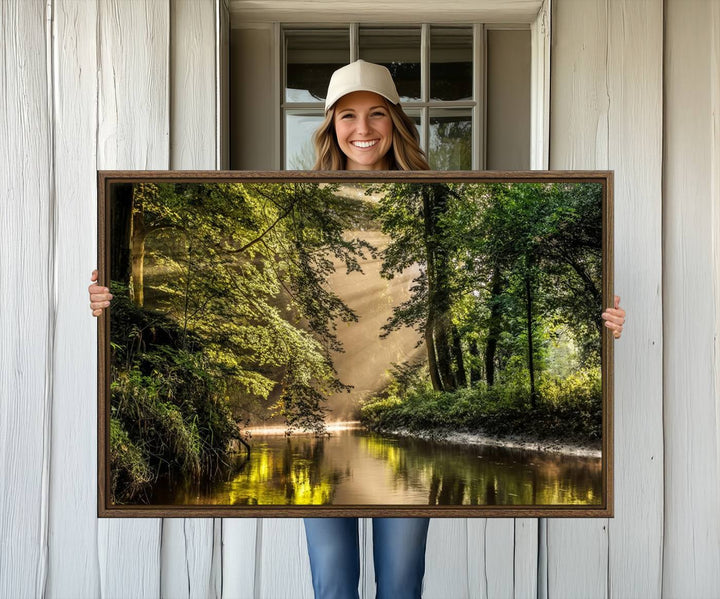 Forest Wall Art Print: A river landscape bathed in sunlight, perfect for rustic decor or as wall art for farmhouses and cabins.