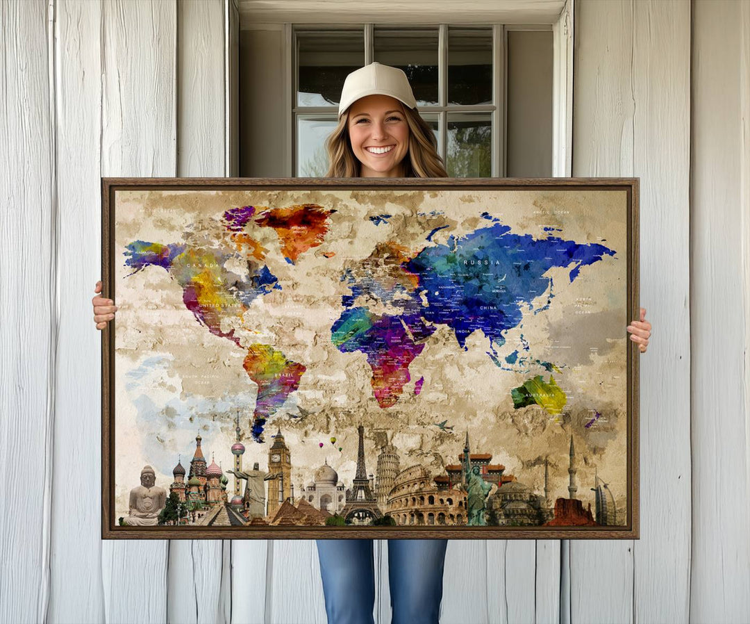 Artistic world map featuring landmarks like the Eiffel Tower, printed on premium wall art for office or living space.