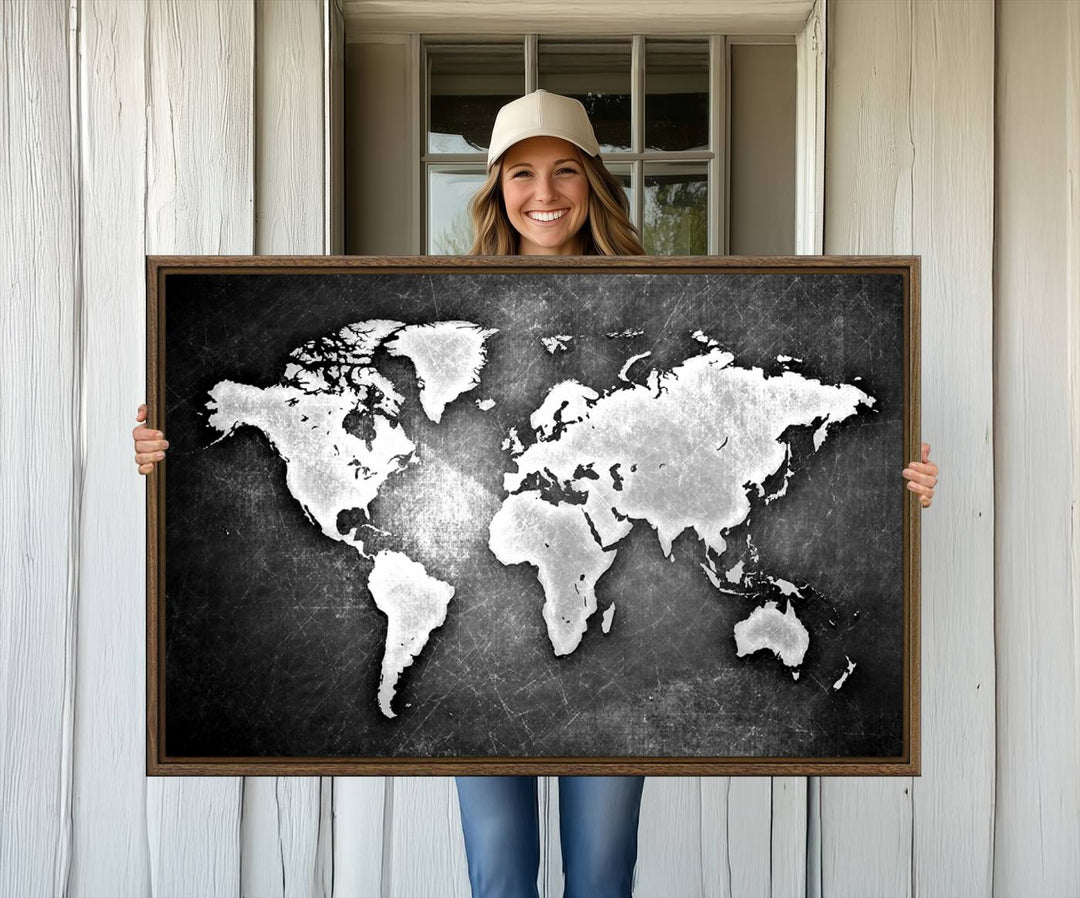 Black & White 3-Panel Framed World Map Canvas Art with Grunge Design.