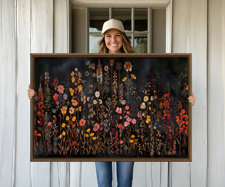 A large wildflower painting print on canvas featuring a colorful floral illustration, perfect as botanical decor for a stylish home.