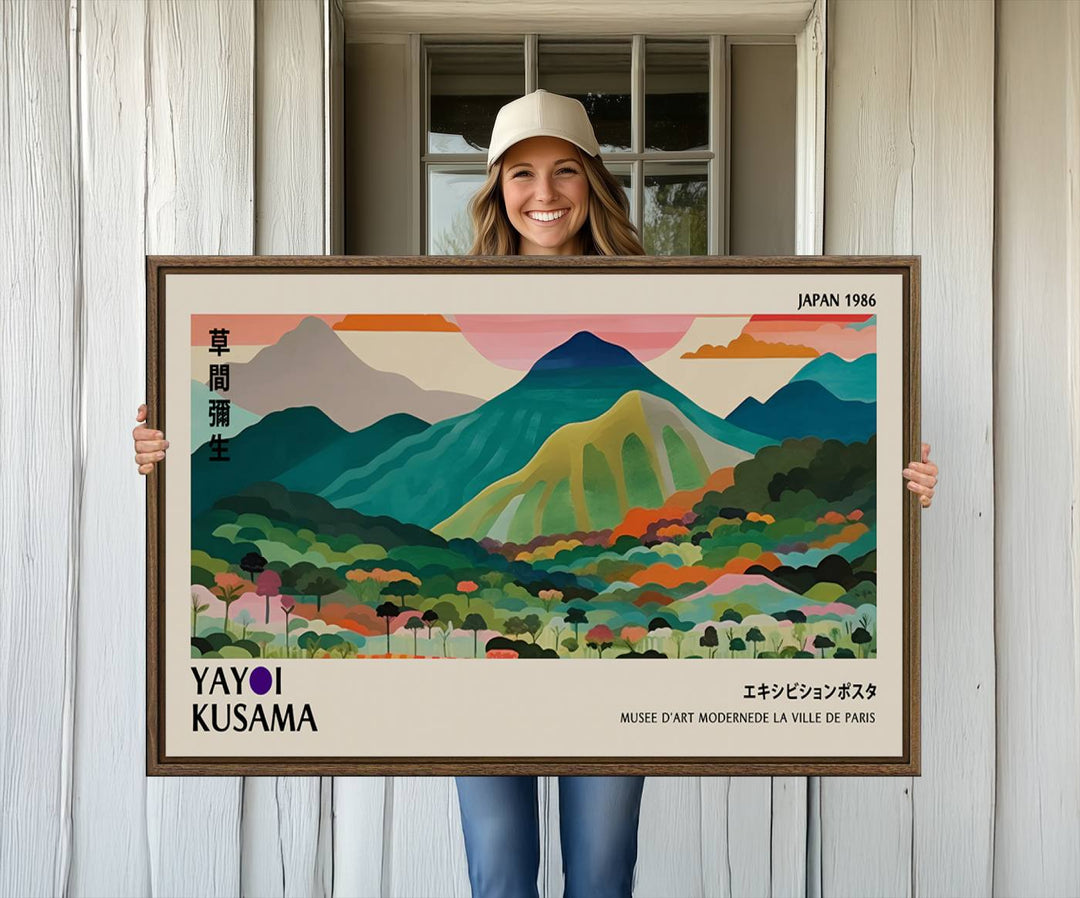 Vibrant abstract world map print featuring mountains and trees, including the text Yayoi Kusama and Japan 1986.