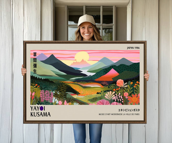 Vibrant abstract landscape canvas with mountains and fields, titled Yayoi Kusama 1986 Wall Art Print.