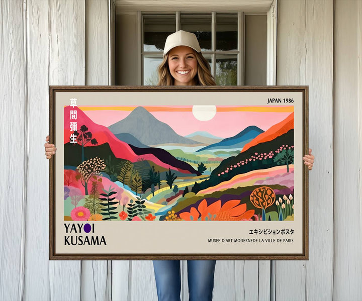 Vibrant abstract landscape canvas inspired by Yayoi Kusama, featuring mountains, trees, and flowers in a triptych style.