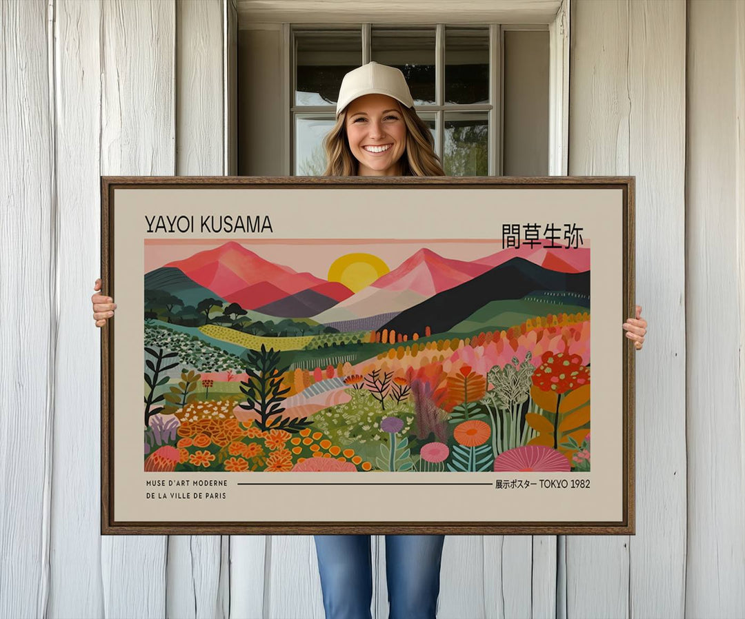 A vibrant abstract triptych features mountains, a sun, and plants in Yayoi Kusamas style with Japanese and French text included.