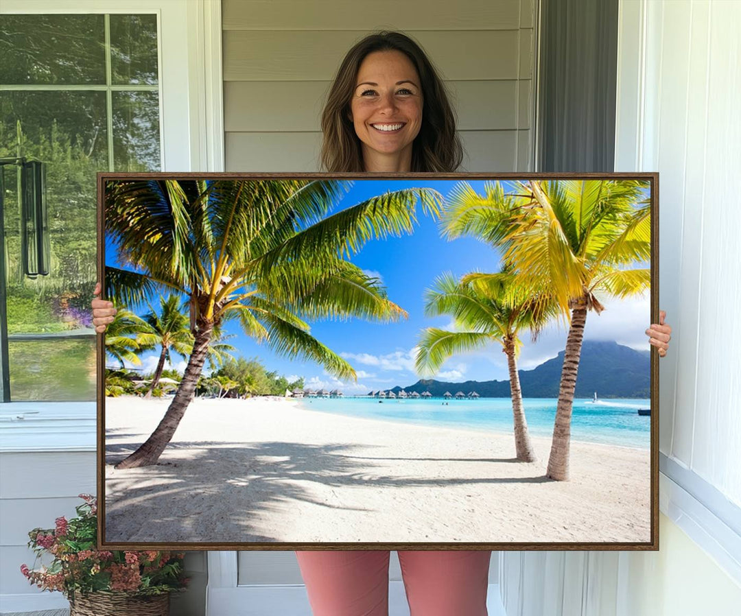 Blue Beach and Sea Wall Art Canvas Print: showcases a tropical scene with palm trees, white sand, and turquoise water.