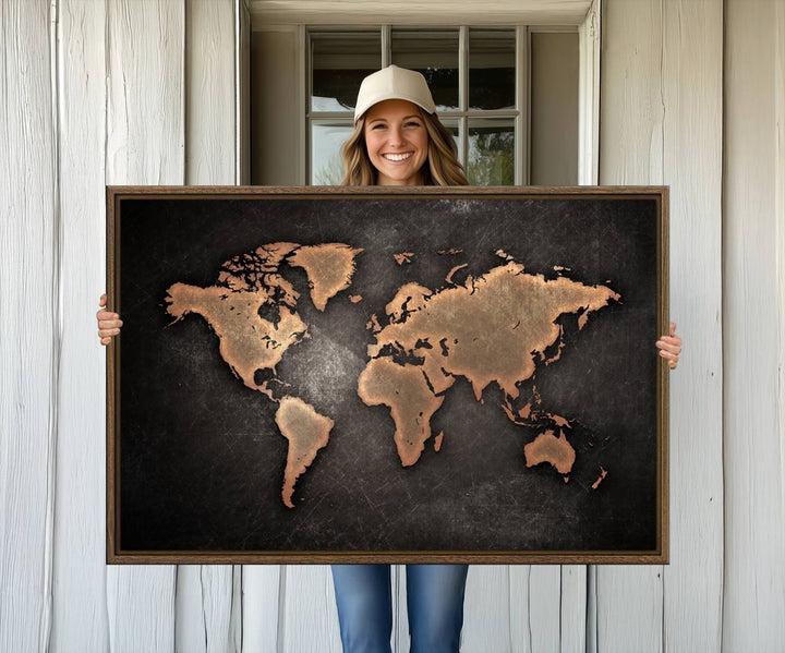 The Modern World Map on a metallic black canvas creates a striking effect.