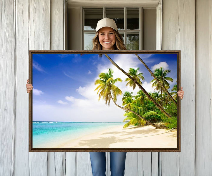 Tropical Beach Canvas: Palm Trees & White Sand Shore Decor, Vibrant Coastal Print, Ready to Hang.