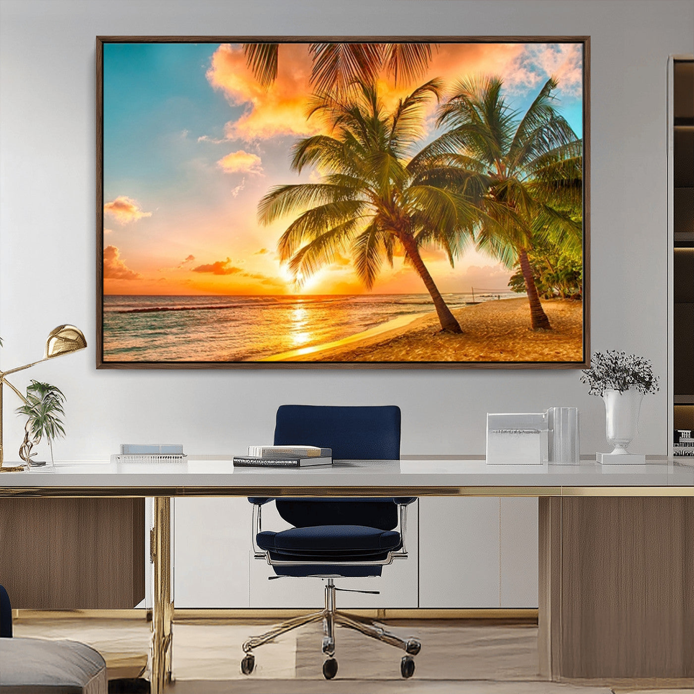 MGV-FC-36X24 - Tropical Sunset Beach Canvas Wall Art Print – Vibrant Palm Trees and Coastal Sunset Wall Decor for