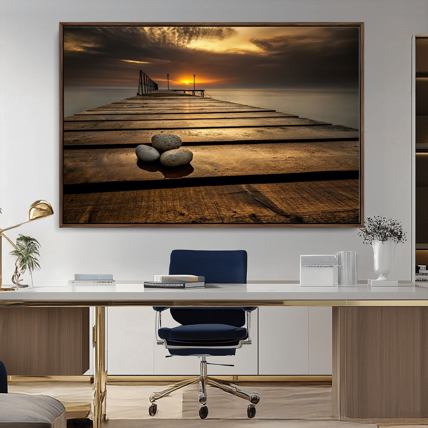 MGV-FC-36X24 - Stones on Wooden Pier at Sunset Canvas Print, Serene Coastal Wall Art, Beach Sunset Photography,