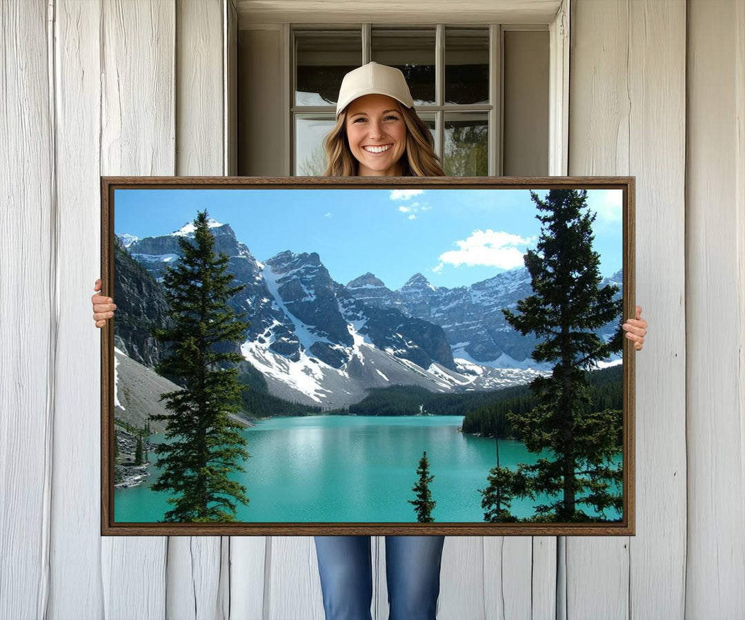 Canadian Rockies Moraine Lake Landscape Canvas Print showcasing a turquoise lake and mountain view.