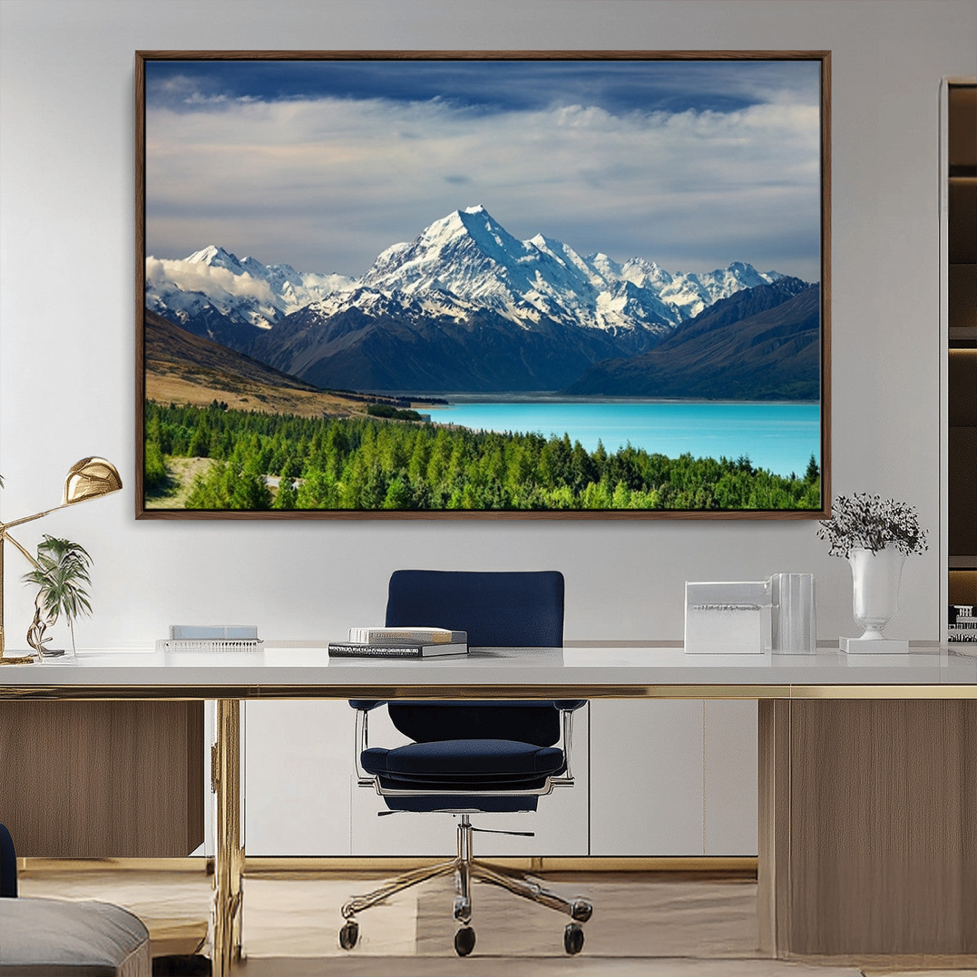MGV-FC-36X24 - Mount Cook and Lake Pukaki Canvas Wall Art Print – Majestic Snow-Capped Peaks and Serene Lake Wall