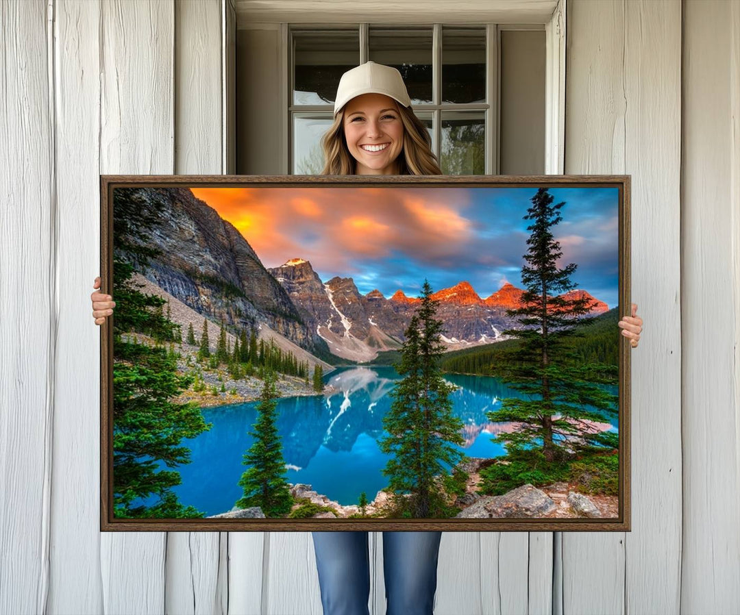 A kitchen featuring a Canadian Rockies Moraine Lake Wall Art Canvas Print displayed on the wall.