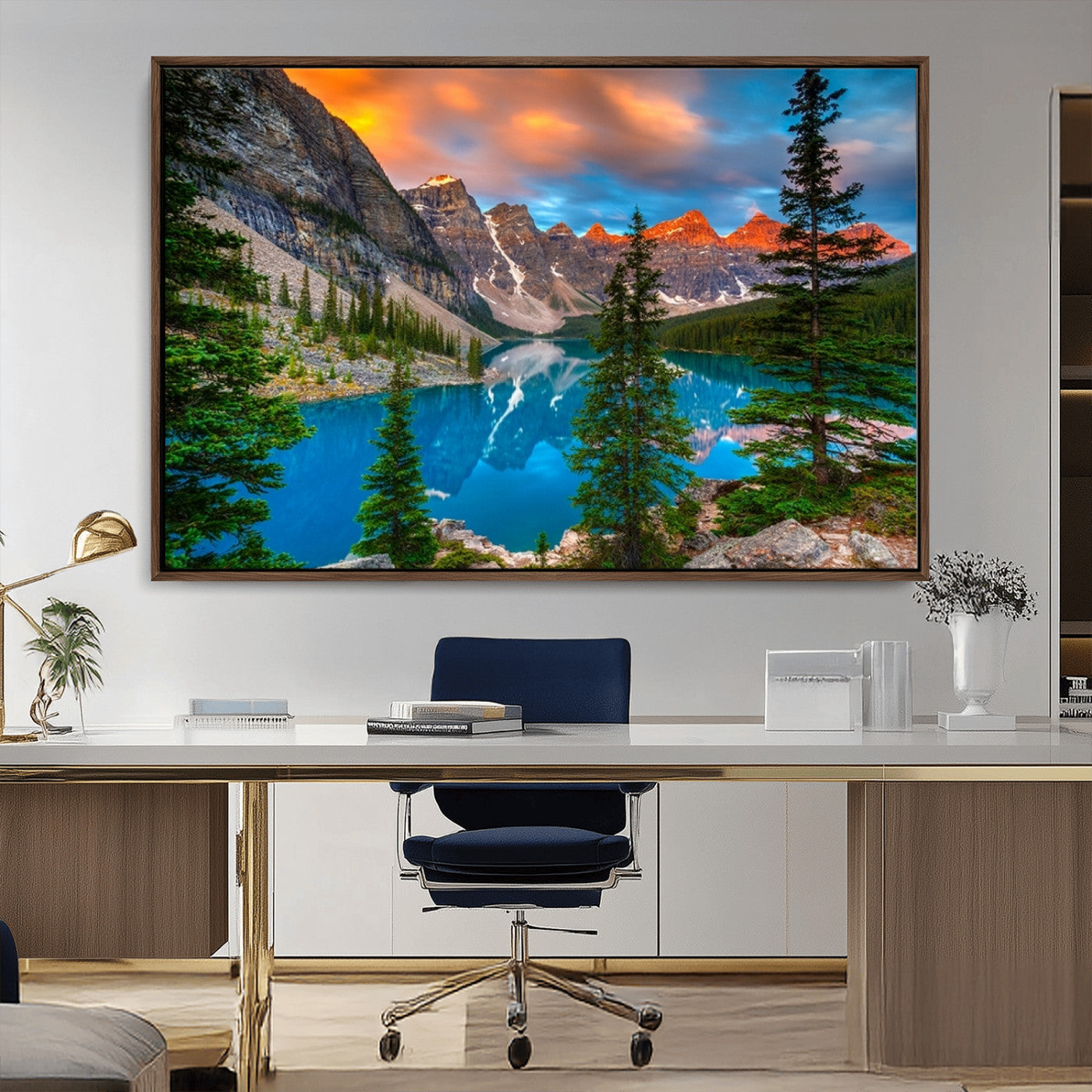 MGV-FC-36X24 - Canadian Rockies Moraine Lake Wall Art Canvas Print, Pine Trees Mountain Spring Canvas Print