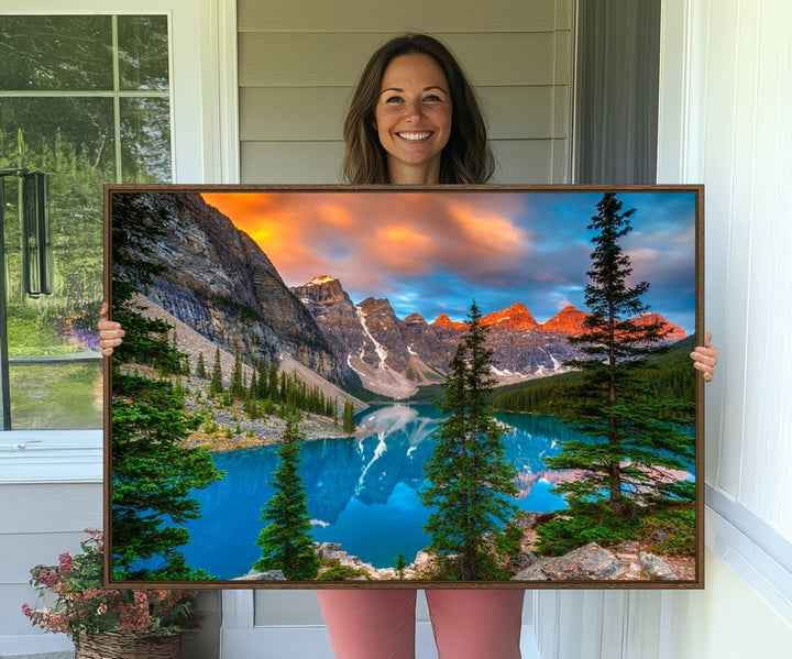 The dining room features a stunning piece of wall art depicting the Canadian Rockies Moraine Lake.