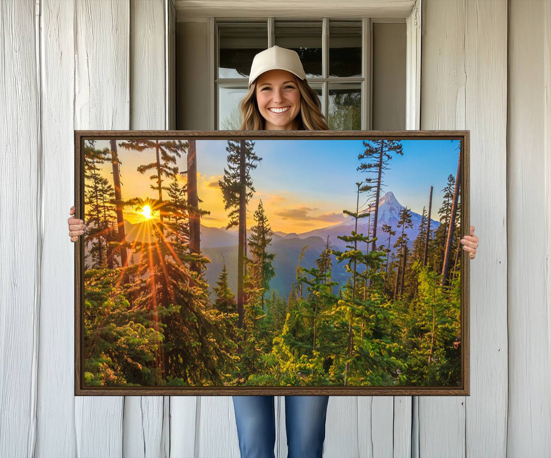 The kitchen features a Red Leaves on Trees landscape canvas print, perfect for nature lovers.