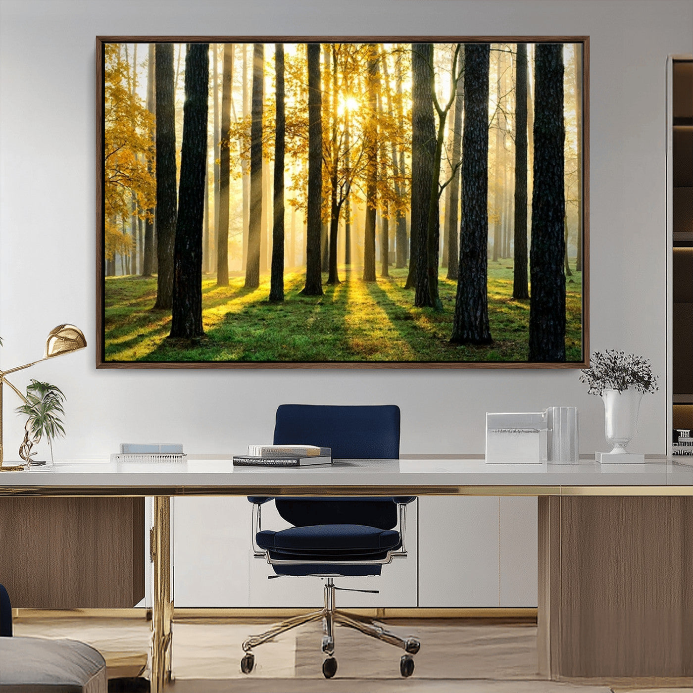 MGV-FC-36X24 - Sunlit Forest Canvas Wall Art – Serene Woodland Triptych Landscape Print – Nature-Inspired Decor for