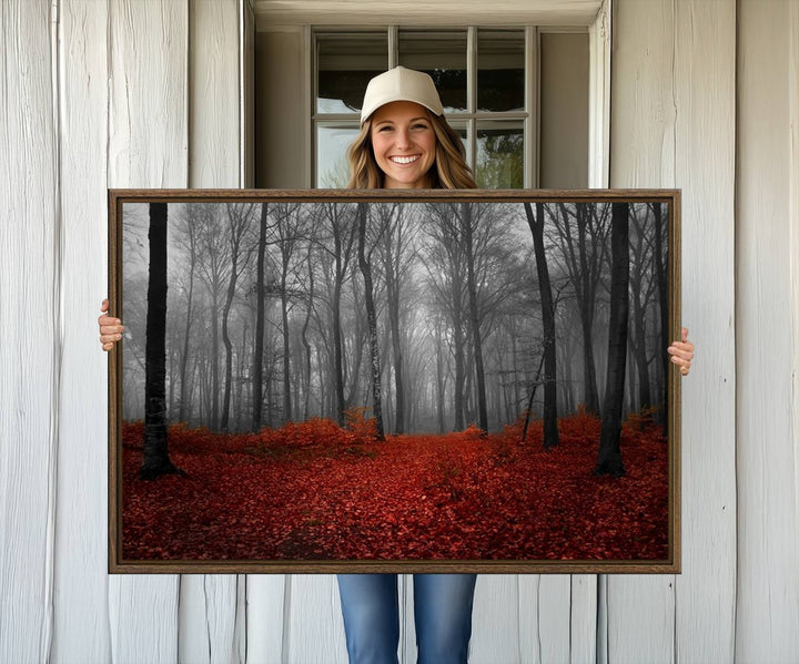 A large, museum-quality canvas print titled Wonderful Forest with Red Leaves.