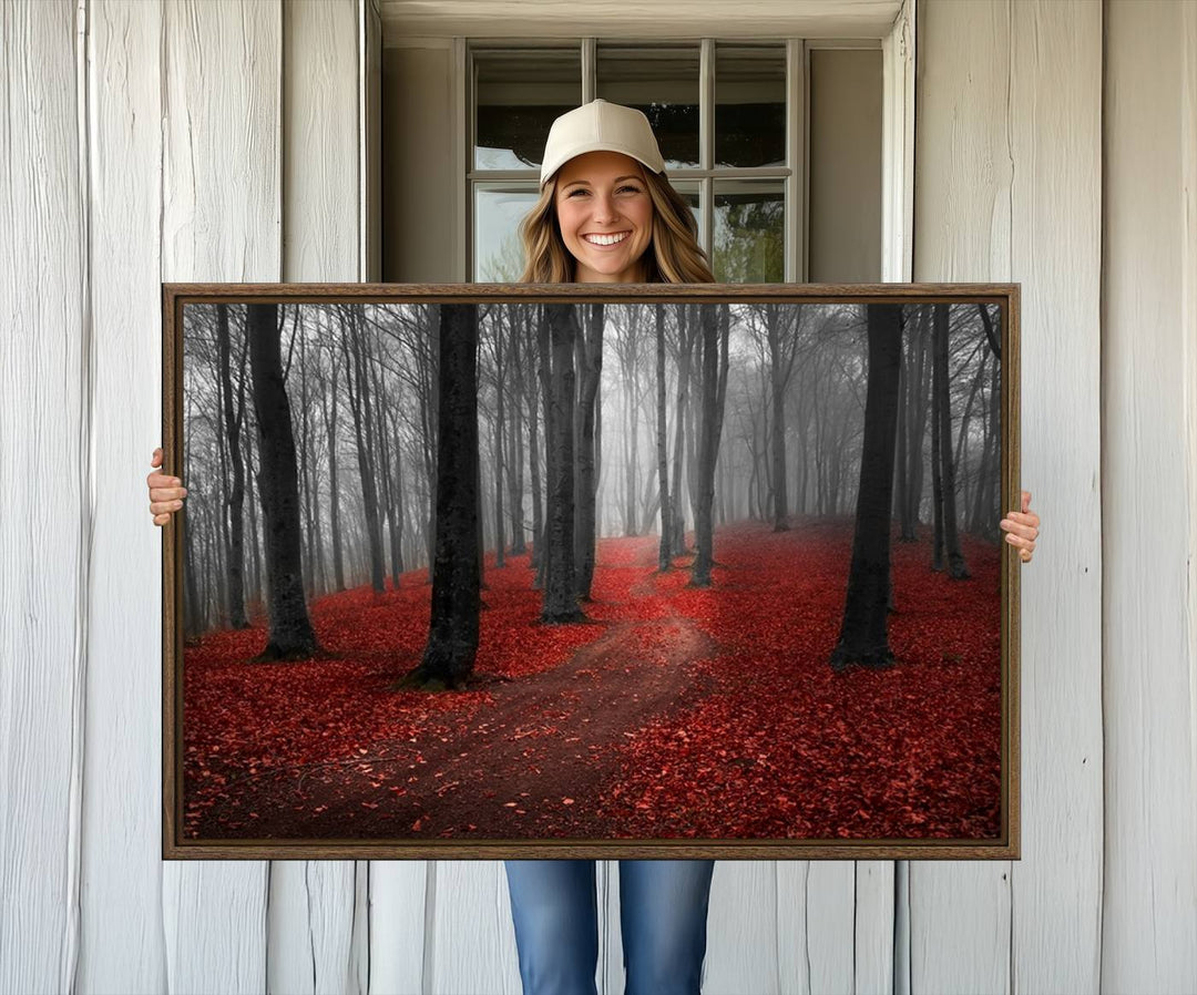 Wonderful Forest artwork: Triptych with red leaves, ideal for nature lovers.